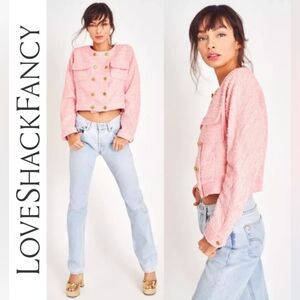 Loveshackfancy - Keiran Double Breasted Cropped Tweed Blazer in Pink - Size XS